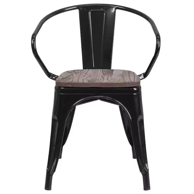 Chaise de bistrot empilable en métal avec assise et accoudoirs en bois
