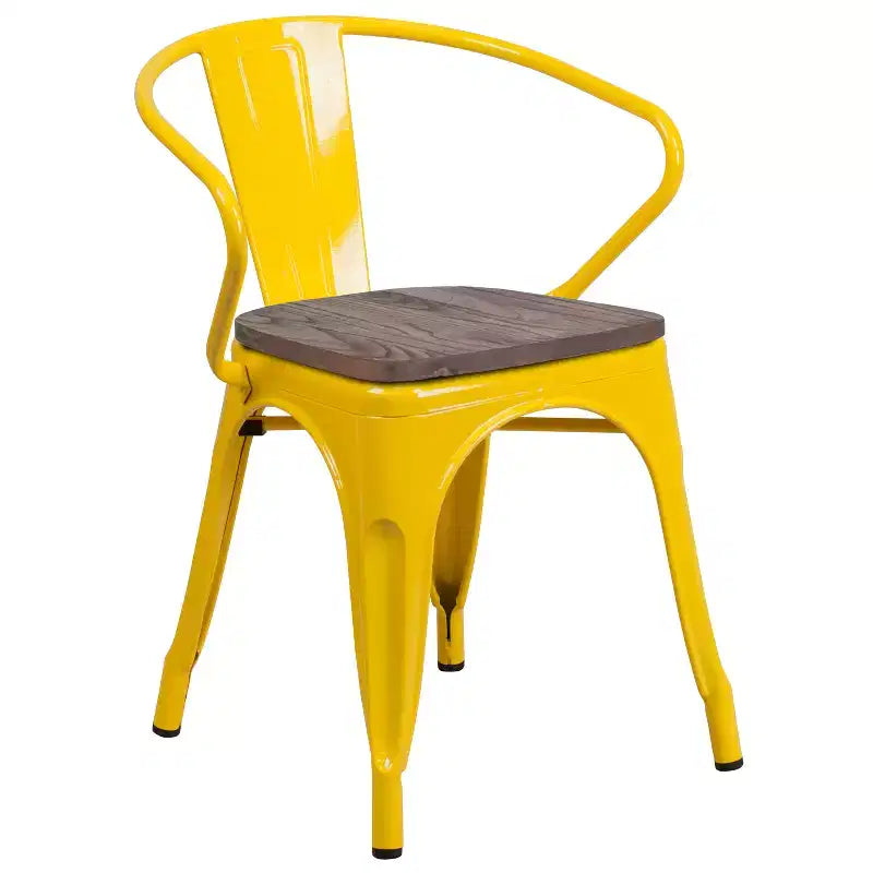 Chaise de bistrot empilable en métal avec assise et accoudoirs en bois