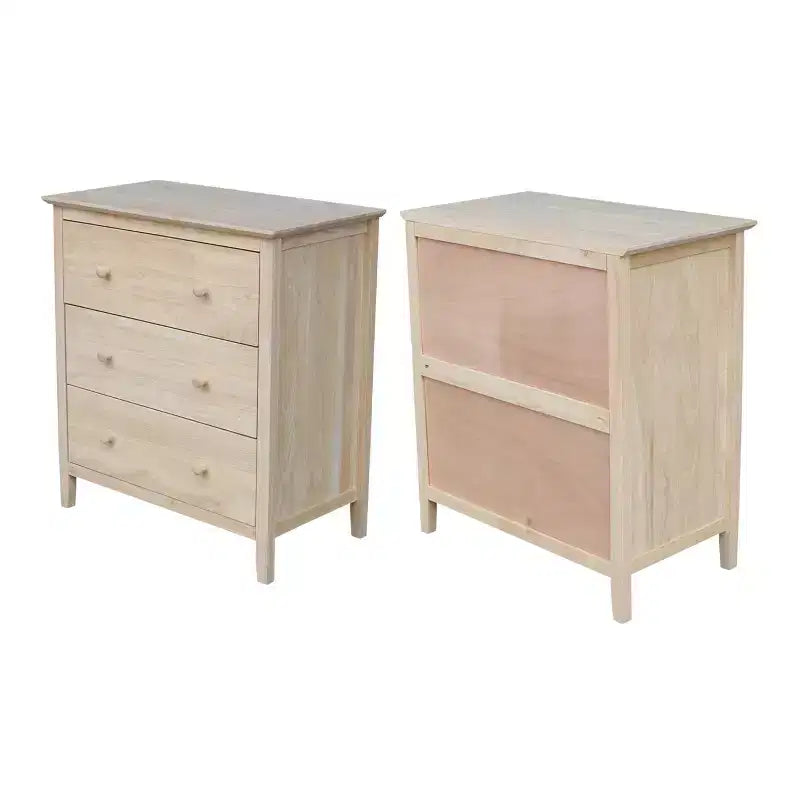 Commode inachevée en bois dur à 3 tiroirs