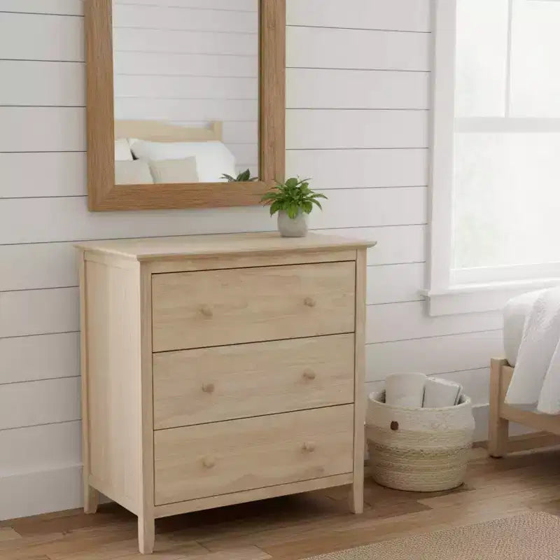 Commode inachevée en bois dur à 3 tiroirs