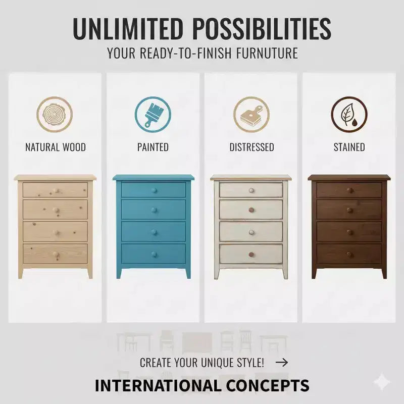 Commode inachevée en bois dur à 3 tiroirs