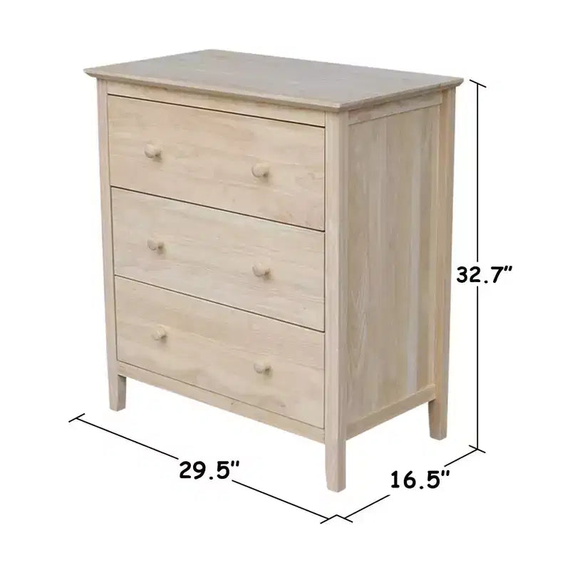 Commode inachevée en bois dur à 3 tiroirs
