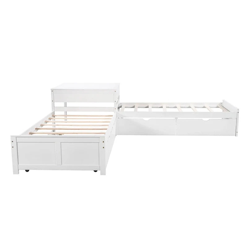 Lit plateforme en L moderne blanc de taille double avec lit gigogne et tiroirs pour chambre à coucher