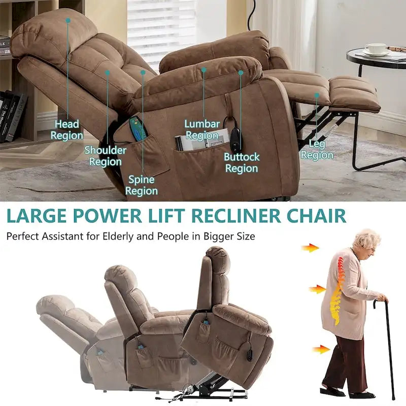 Grand fauteuil inclinable de massage électrique avec fonction de levage, chauffage et porte-gobelet dissimulé