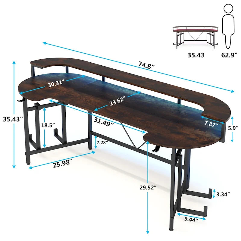 Bureau de gaming avec étagère pour moniteur, bureau d'ordinateur de 75 pouces avec bande LED