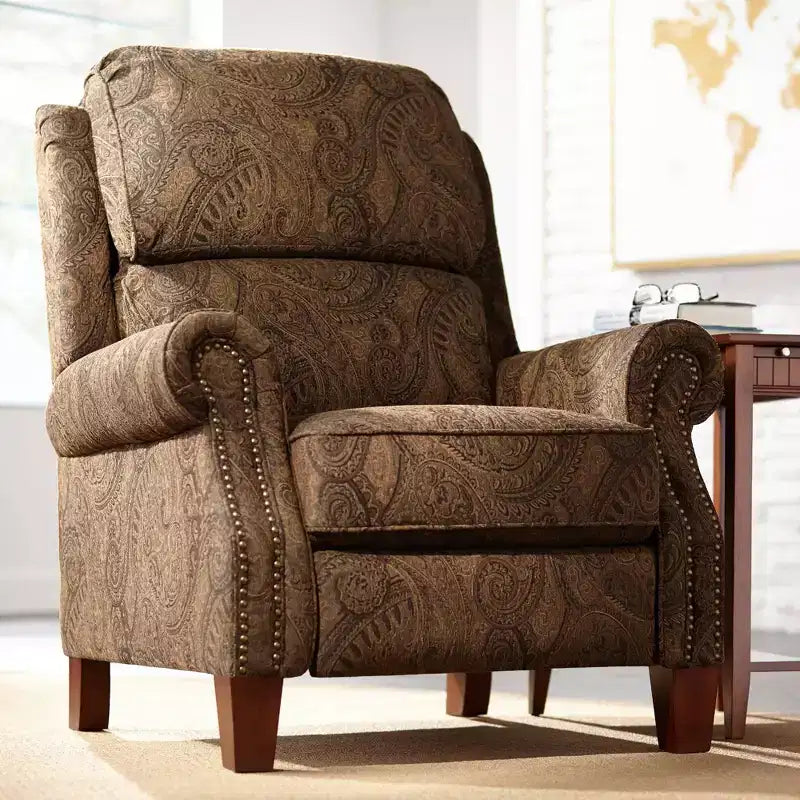 Fauteuil inclinable 3 positions en tissu cachemire marron chaud avec repose-pieds manuel poussoir