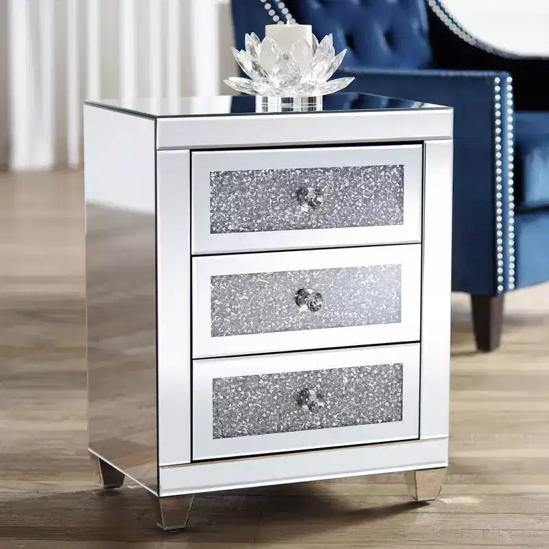 Table d'appoint rectangulaire moderne en miroir 20x14 avec 3 tiroirs en verre de cristal argenté