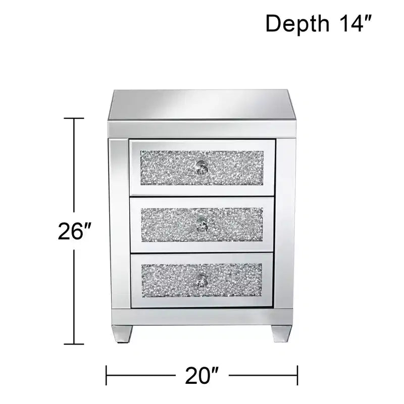 Table d'appoint rectangulaire moderne en miroir 20x14 avec 3 tiroirs en verre de cristal argenté