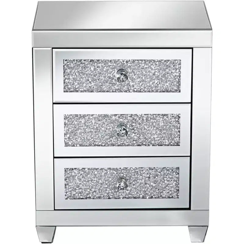 Table d'appoint rectangulaire moderne en miroir 20x14 avec 3 tiroirs en verre de cristal argenté