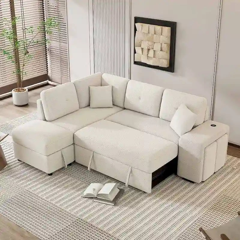 Canapé d'angle convertible avec pouf de rangement, canapé-lit pour salon