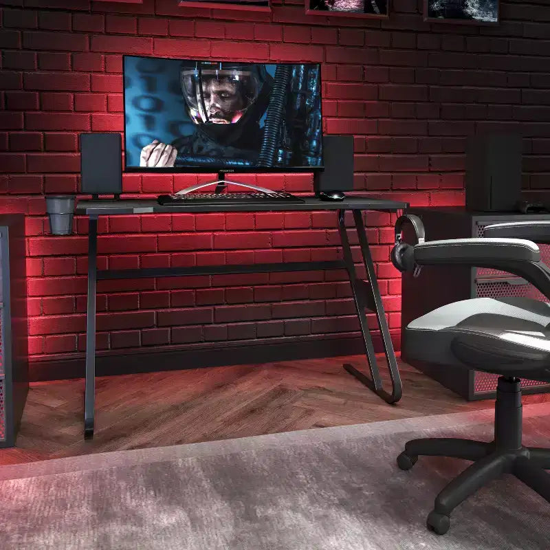 Bureau ergonomique professionnel pour gaming avec porte-gobelet et crochet pour casque