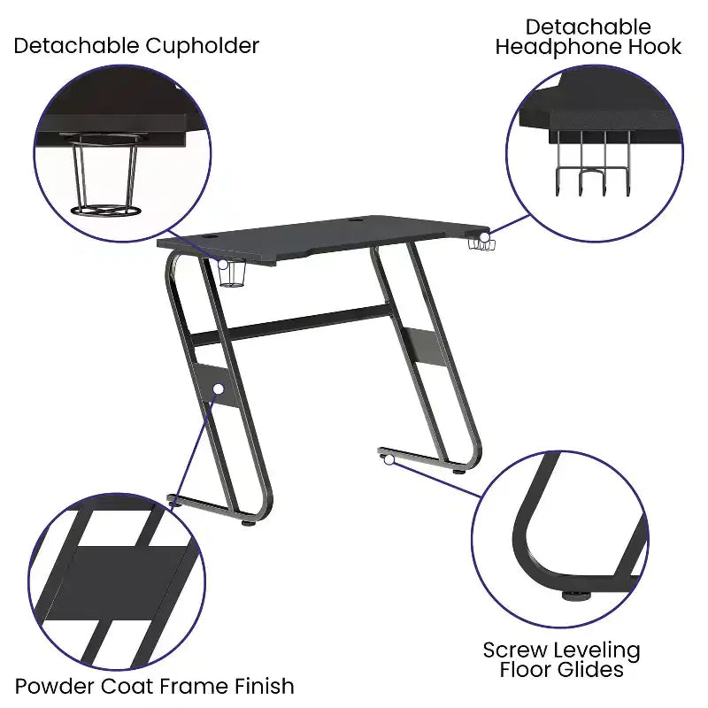 Bureau ergonomique professionnel pour gaming avec porte-gobelet et crochet pour casque