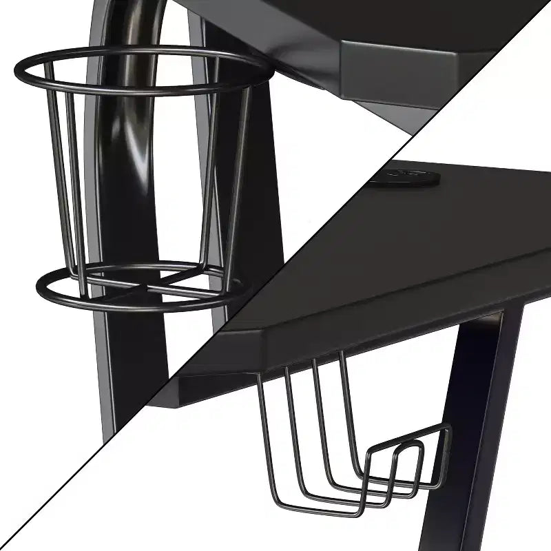 Bureau ergonomique professionnel pour gaming avec porte-gobelet et crochet pour casque