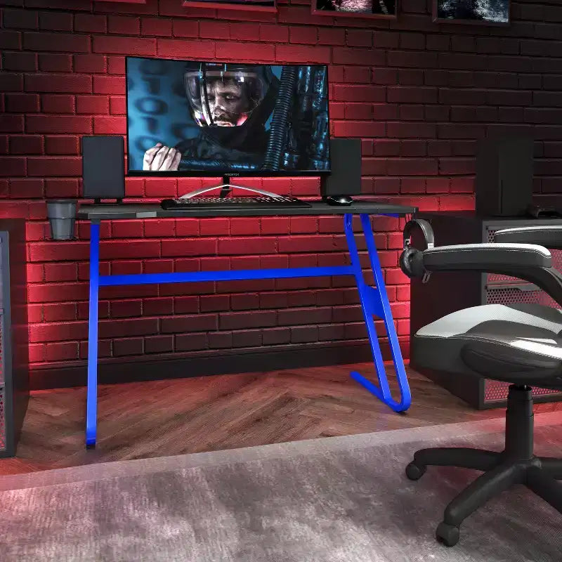 Bureau ergonomique professionnel pour gaming avec porte-gobelet et crochet pour casque