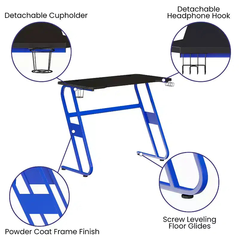 Bureau ergonomique professionnel pour gaming avec porte-gobelet et crochet pour casque