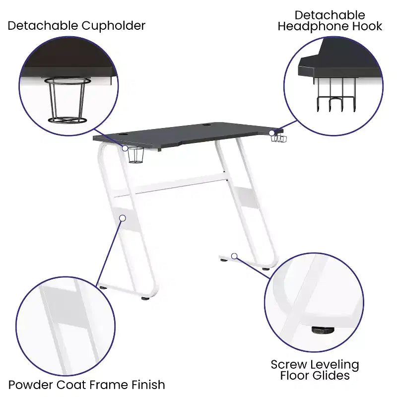 Bureau ergonomique professionnel pour gaming avec porte-gobelet et crochet pour casque