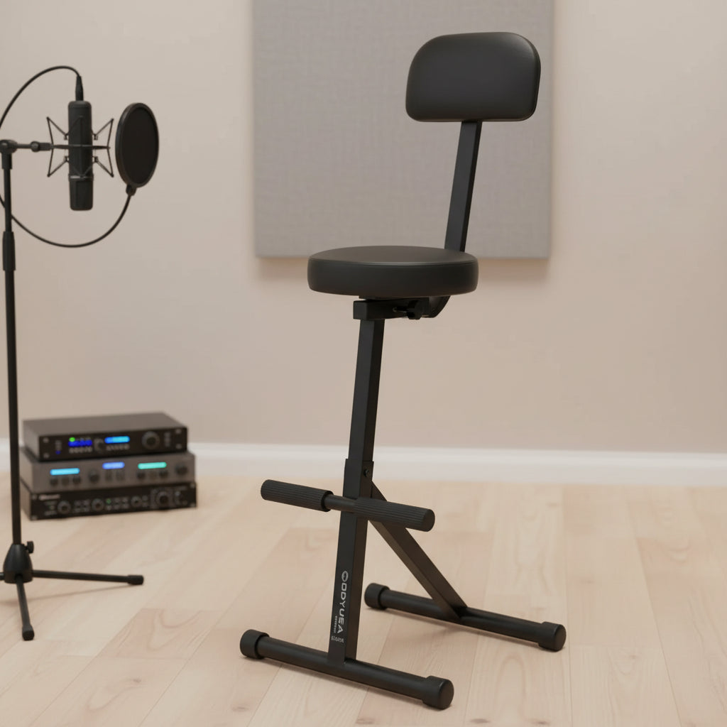 Odyssey DJ Musician Performer Chair Seat Padded Portable Stool with 300 Pound Weight Limit, Adjustable Height, and Back Rest, Black