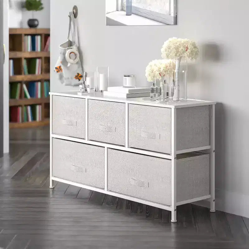 Commode de rangement à 5 tiroirs avec plateau en bois et tiroirs en tissu foncé