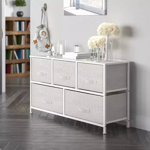 Commode de rangement à 5 tiroirs avec plateau en bois et tiroirs en tissu foncé