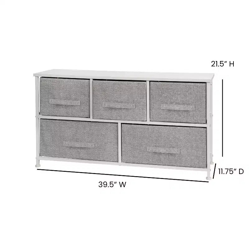 Commode de rangement à 5 tiroirs avec plateau en bois et tiroirs en tissu foncé