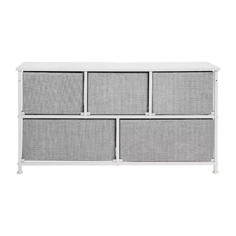 Commode de rangement à 5 tiroirs avec plateau en bois et tiroirs en tissu foncé