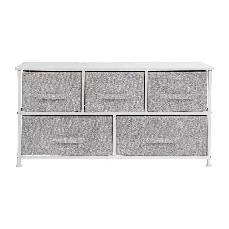 Commode de rangement à 5 tiroirs avec plateau en bois et tiroirs en tissu foncé