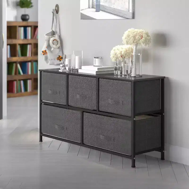 Commode de rangement à 5 tiroirs avec plateau en bois et tiroirs en tissu foncé
