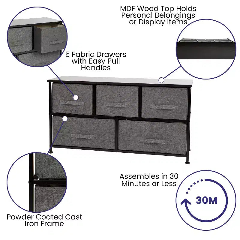 Commode de rangement à 5 tiroirs avec plateau en bois et tiroirs en tissu foncé