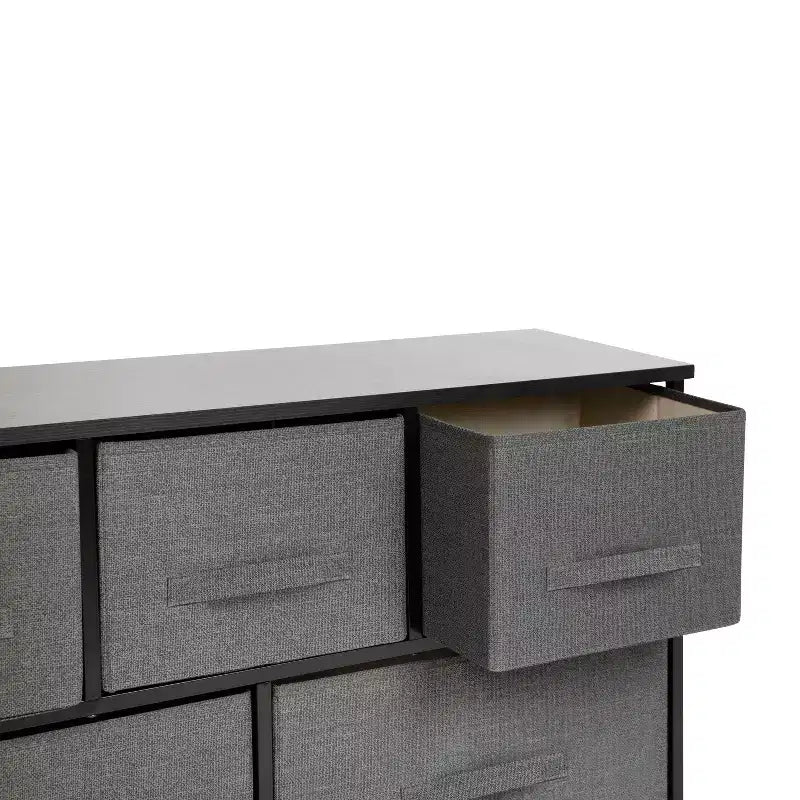 Commode de rangement à 5 tiroirs avec plateau en bois et tiroirs en tissu foncé