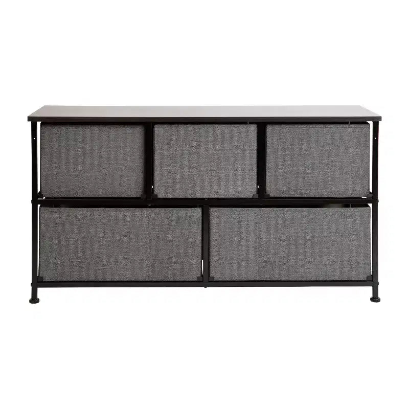 Commode de rangement à 5 tiroirs avec plateau en bois et tiroirs en tissu foncé