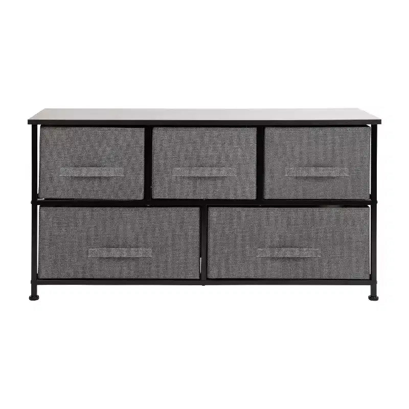 Commode de rangement à 5 tiroirs avec plateau en bois et tiroirs en tissu foncé