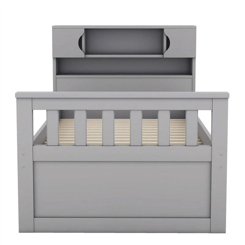 Lit plateforme capitaine double/grand avec 4 tiroirs et étagères de rangement, cadre de lit en bois massif avec tête de lit bibliothèque de rangement
