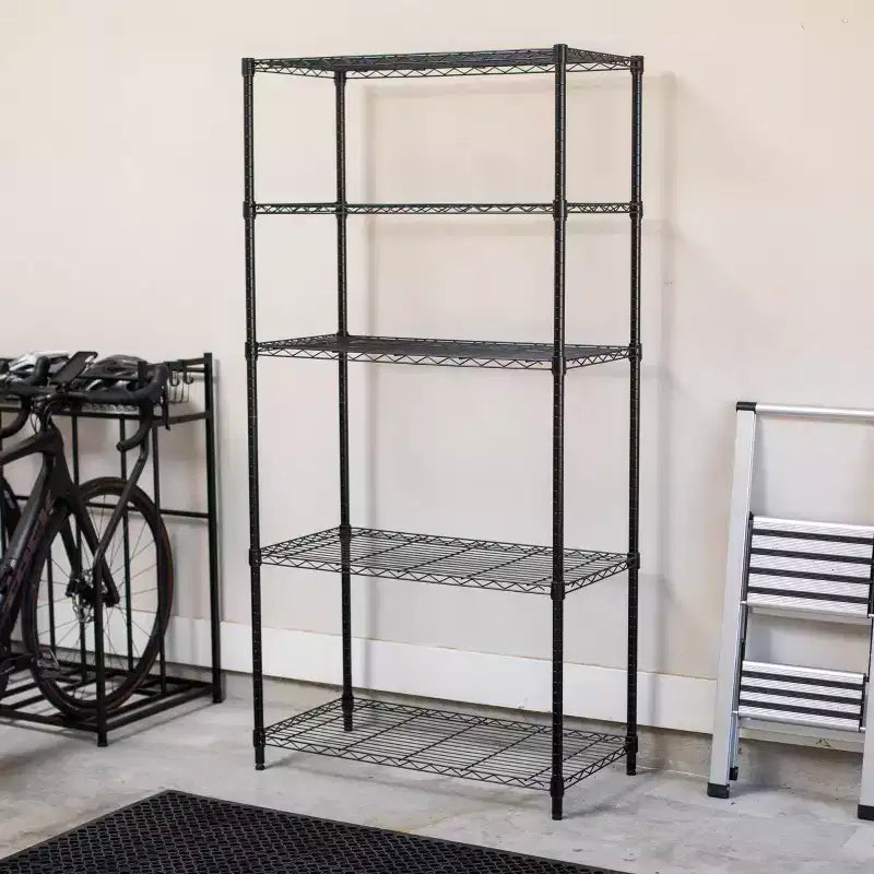Étagère de rangement en fil métallique 5 niveaux, acier noir plat, usage intensif