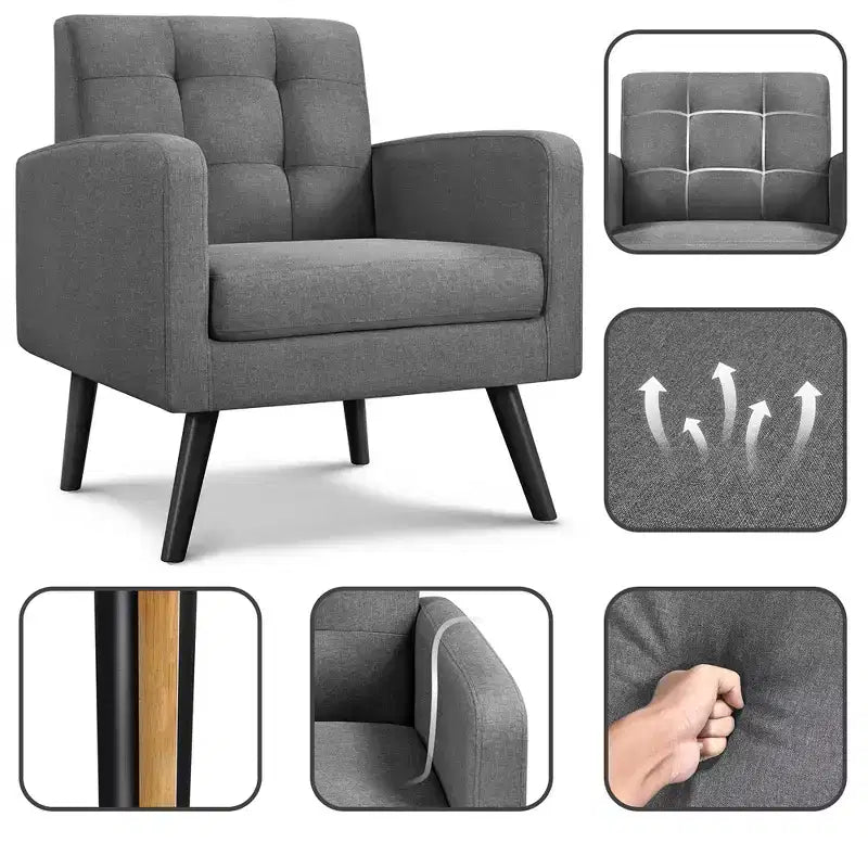 Fauteuil capitonné en tissu moderne avec pieds en bois d'hévéa Style Mid-Century