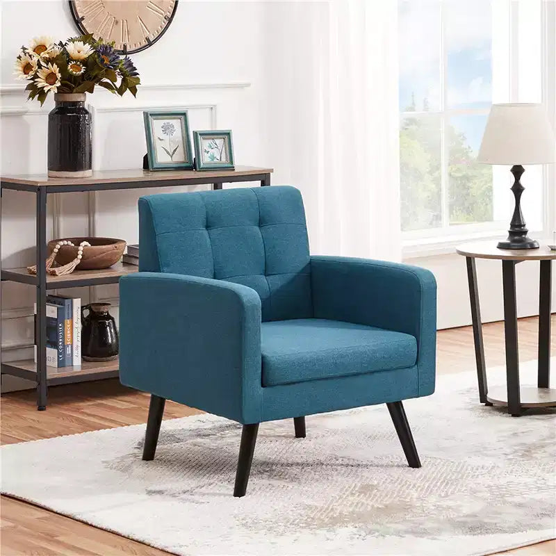 Fauteuil capitonné en tissu moderne avec pieds en bois d'hévéa Style Mid-Century
