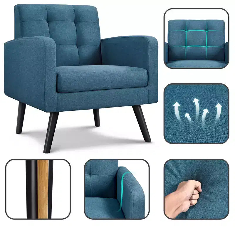 Fauteuil capitonné en tissu moderne avec pieds en bois d'hévéa Style Mid-Century