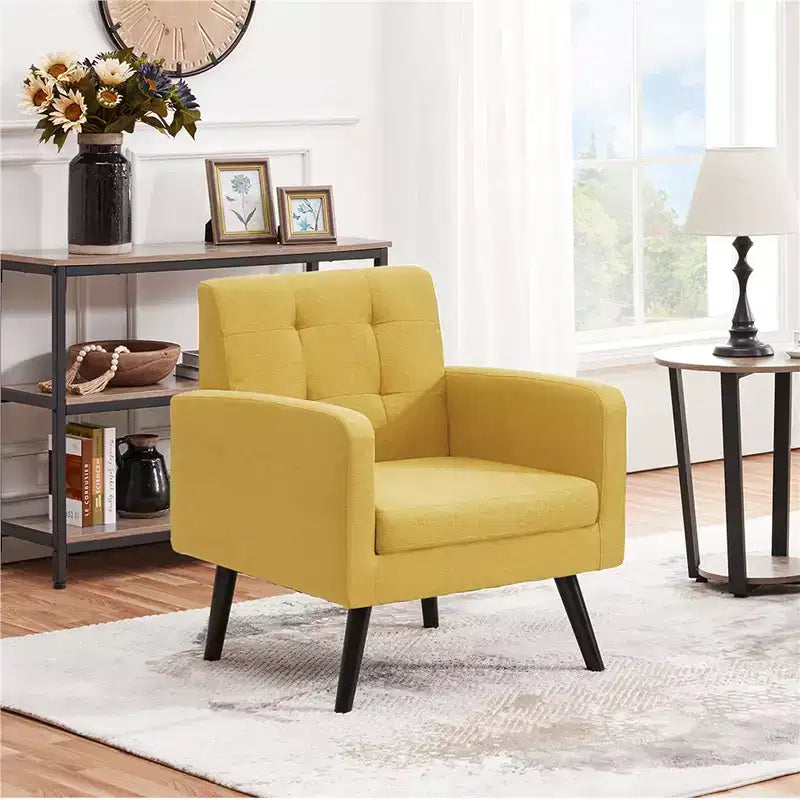 Fauteuil capitonné en tissu moderne avec pieds en bois d'hévéa Style Mid-Century