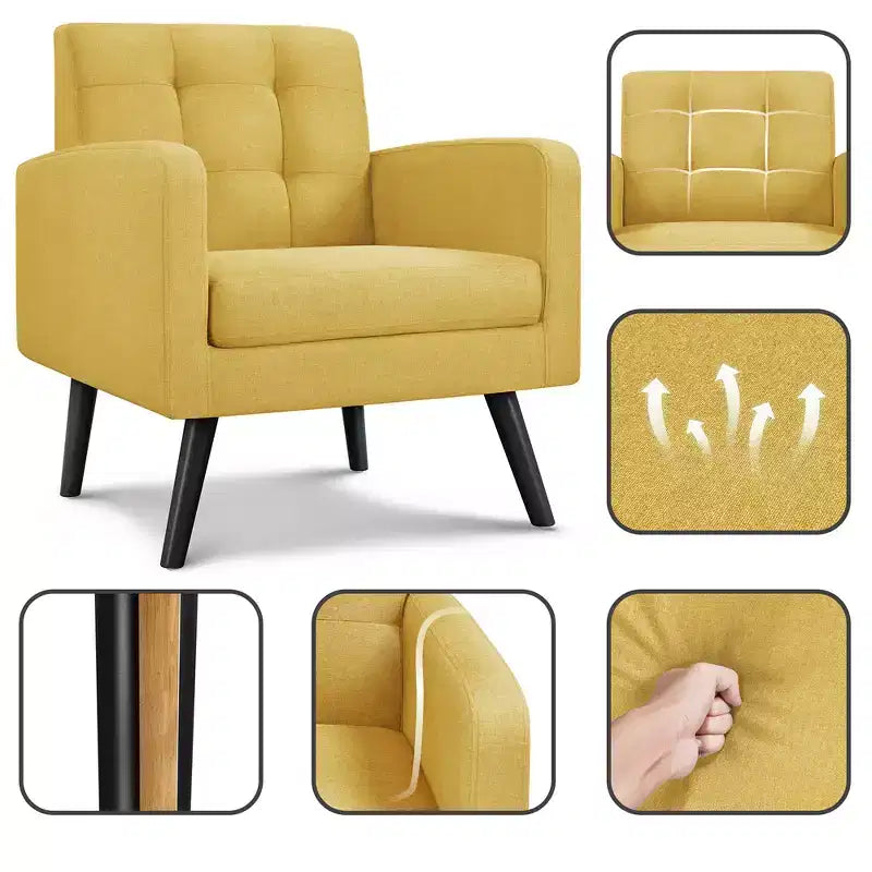 Fauteuil capitonné en tissu moderne avec pieds en bois d'hévéa Style Mid-Century