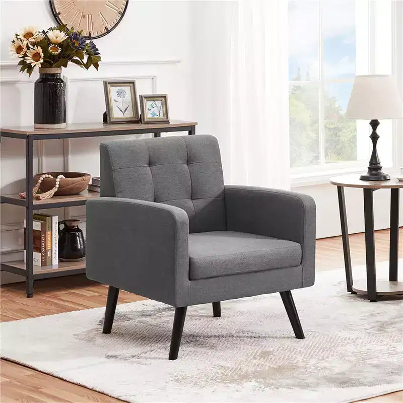 Fauteuil capitonné en tissu moderne avec pieds en bois d'hévéa Style Mid-Century
