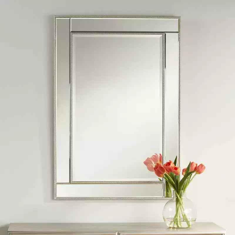 Miroir mural de courtoisie rectangulaire Cadre perlé couleur champagne Bord biseauté 27" de large