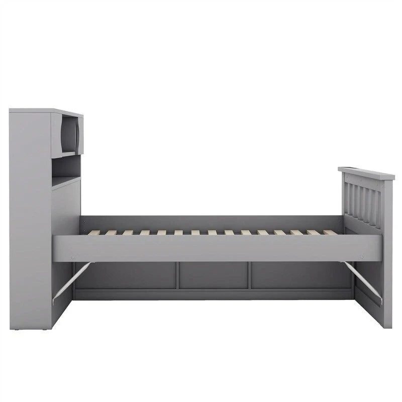 Lit plateforme capitaine double/grand avec 4 tiroirs et étagères de rangement, cadre de lit en bois massif avec tête de lit bibliothèque de rangement