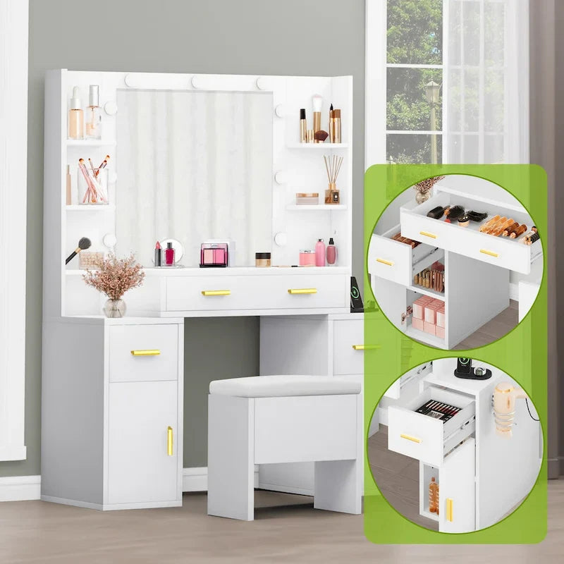 Coiffeuse avec prises intégrées et miroir éclairé, 55,1H x 43,3L x 15,74P