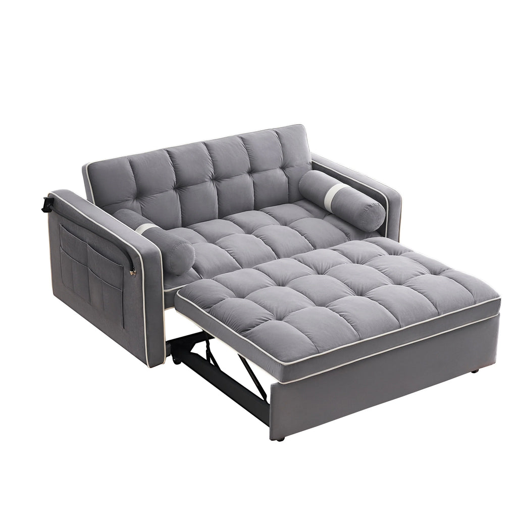 Canapé-lit convertible en velours 55'' 2 places avec lit gigogne, dossier inclinable, poches latérales et support de téléphone