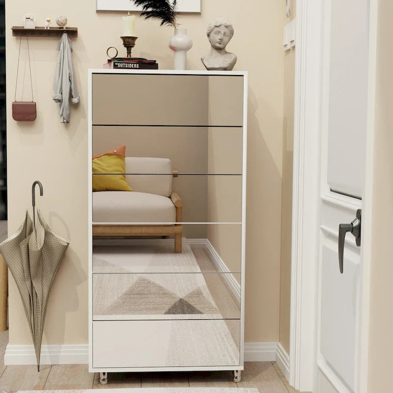 Meuble à chaussures miroir avec 6 tiroirs à abattant, organisateur de rangement pour une grande quantité de chaussures, 4 pieds en métal, porte à abattant à ouverture manuelle.
