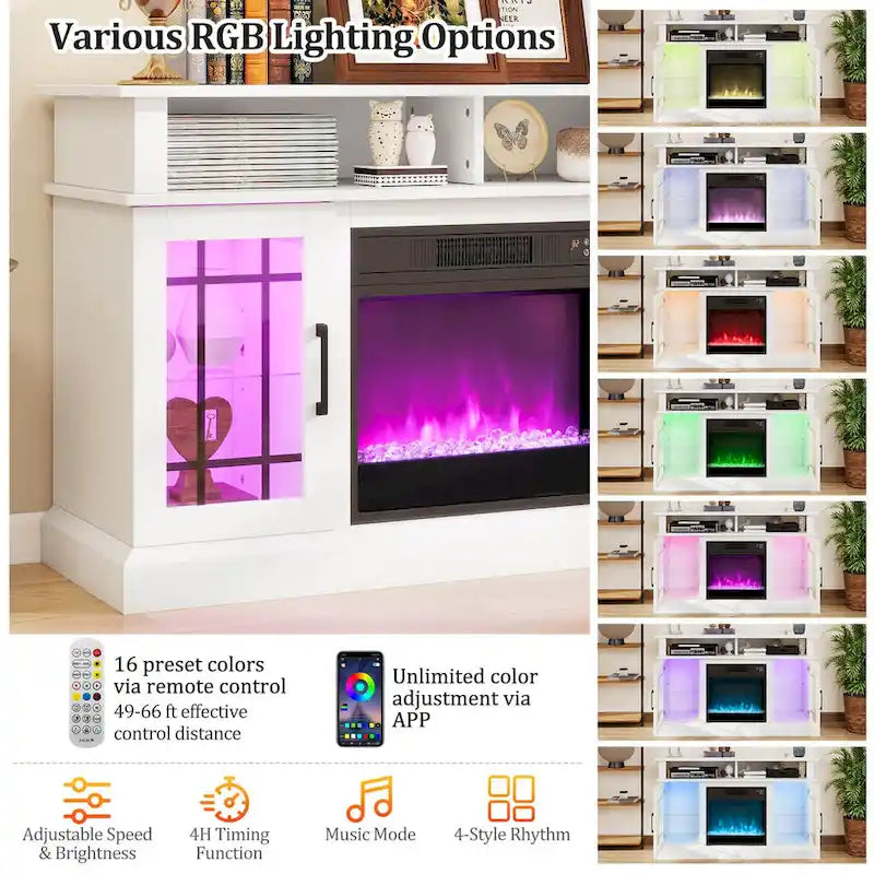Meuble TV avec cheminée électrique, lumières LED et télécommandes