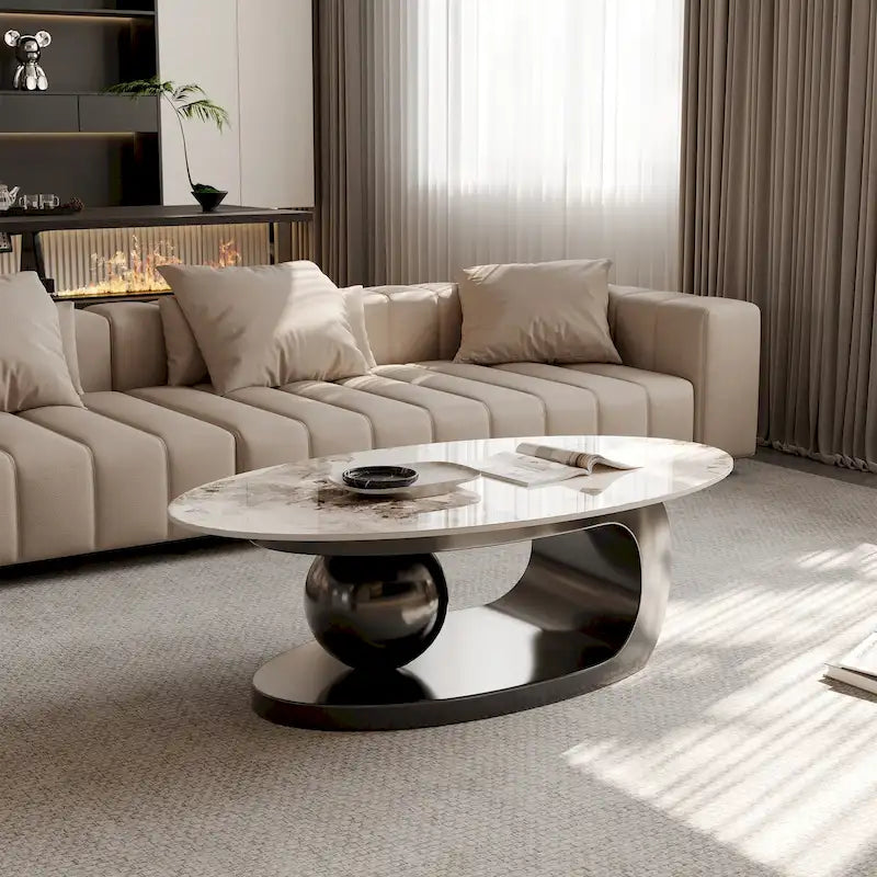 Table basse ovale moderne Pandora 51 avec plateau en pierre frittée brillante, table basse de luxe, pieds en acier inoxydable pour salon
