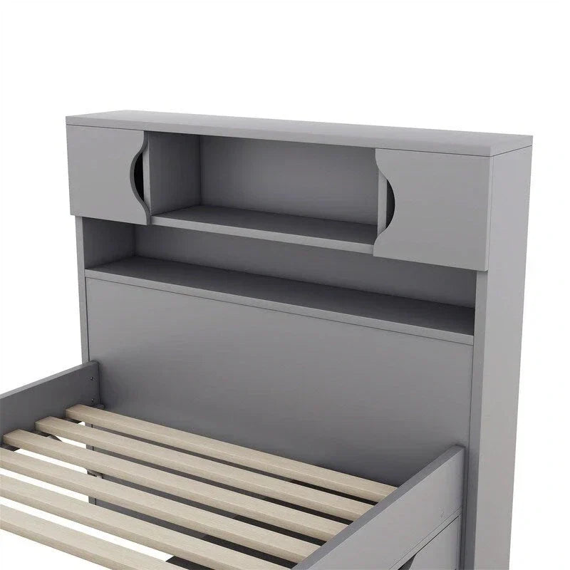 Lit plateforme capitaine double/grand avec 4 tiroirs et étagères de rangement, cadre de lit en bois massif avec tête de lit bibliothèque de rangement