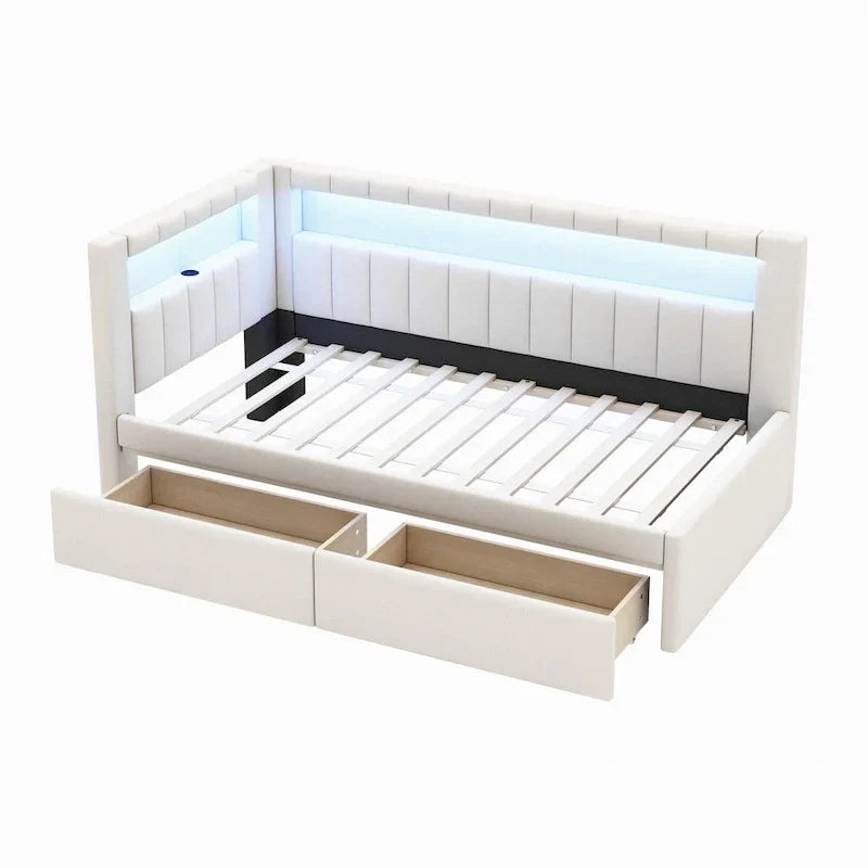 Lit plateforme rembourré avec ports USB et éclairage LED - Cadre de lit double/simple avec 2 tiroirs de rangement - Chambre à coucher moderne