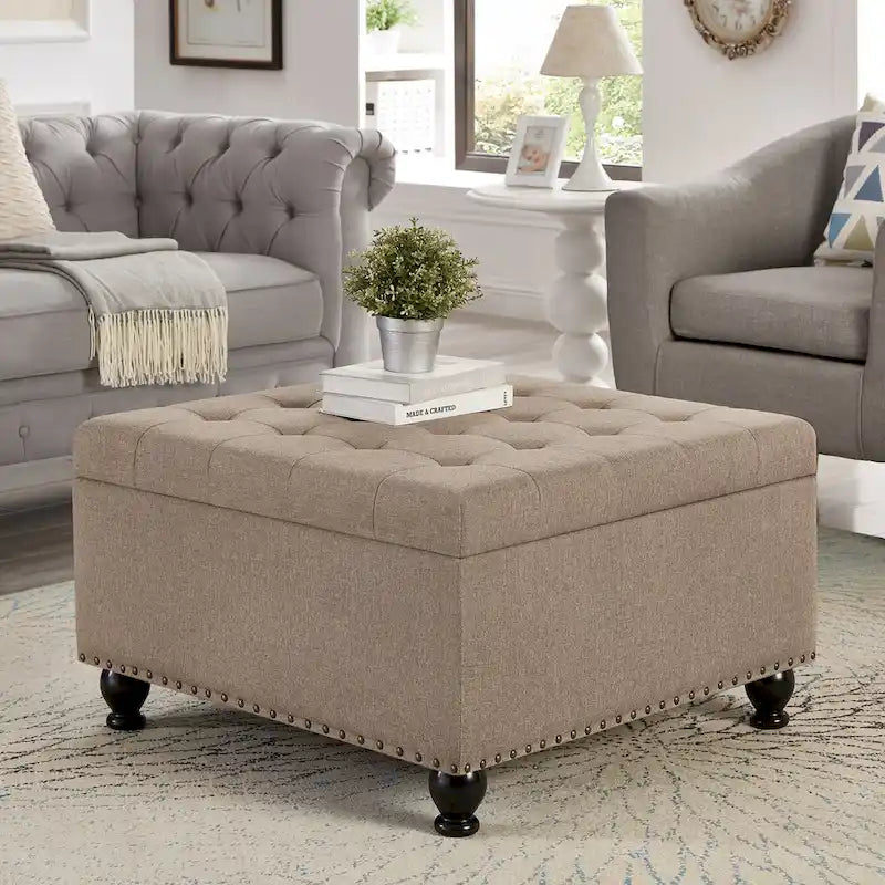 Grand pouf de rangement carré avec pieds en bois