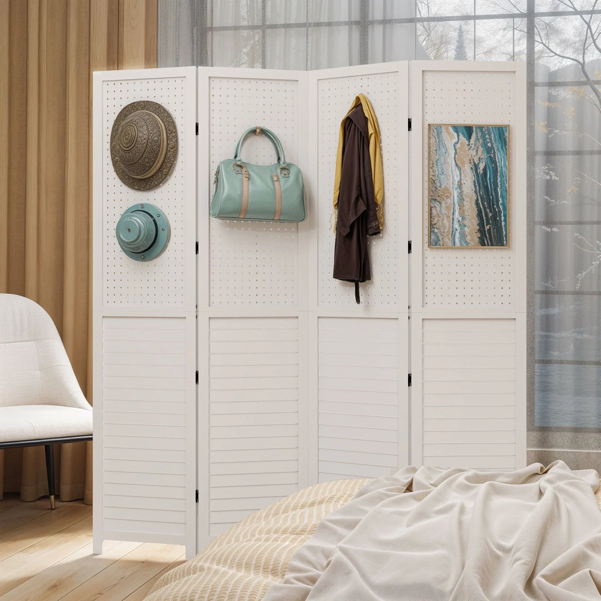 Séparateur de pièce en bois 4 panneaux Moasis 67 blanc